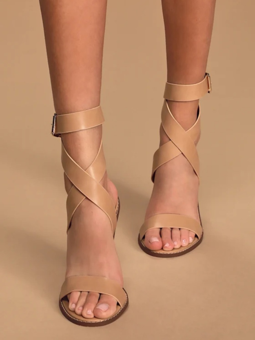 Lulu's Nude Tan Wrap-Ankle Block Heel Sandals - Picture 5 of 7